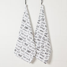Load image into Gallery viewer, Bakers Floursack Dishtowels, Set of 2 - Kitchen Words Print Black
