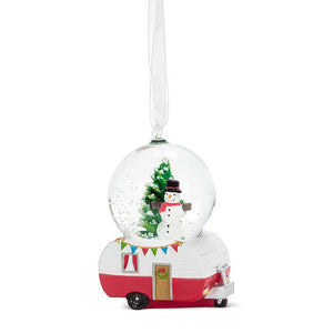 Mini Camper with Snowman Snow Globe Ornament