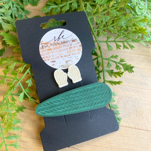 Cable Knit Barrette & Earring Combo - Green/White