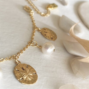 Amphitrite Pearls and Sand Dollar Dainty Charm Anklet