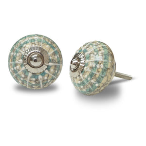 Ceramic Knob - Turquoise Concentric Circle & White Lines