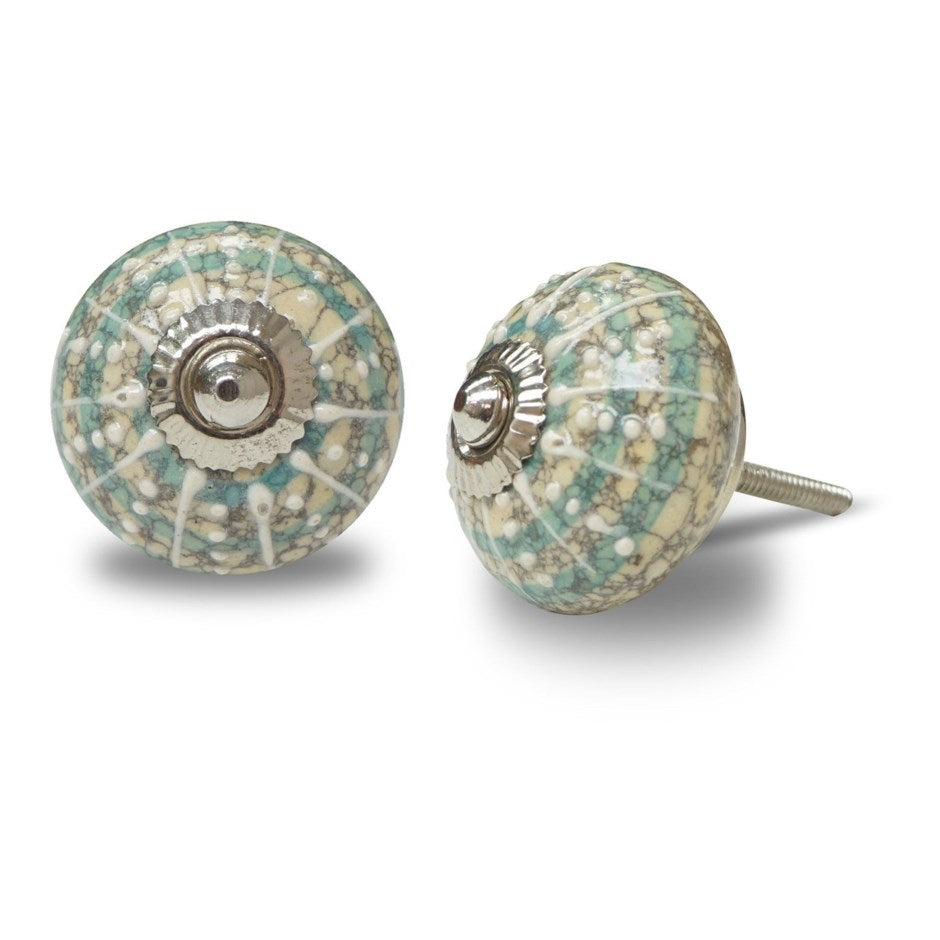 Ceramic Knob - Turquoise Concentric Circle & White Lines