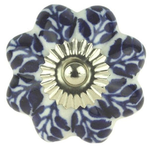 Ceramic Knob White with Blue Leaves & Rosette - 1-3/4"