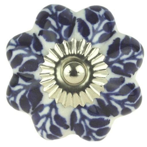Ceramic Knob White with Blue Leaves & Rosette - 1-3/4
