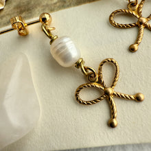 Load image into Gallery viewer, Fontange Raw Brass Bow and Pearl Drop Earrings - Gold

