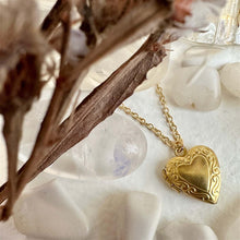 Load image into Gallery viewer, Elizabeth Vintage Heart Shaped Locket Charm Necklace in Raw Brass
