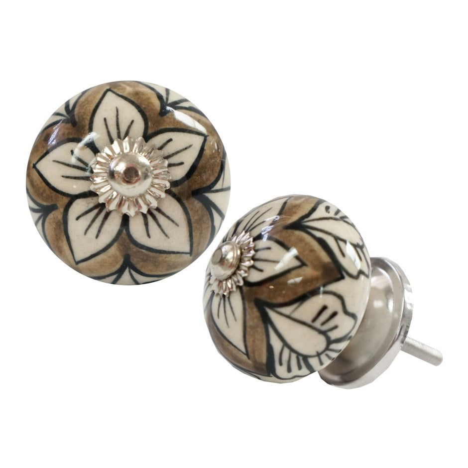Floral Sketch Knob - Tan & White