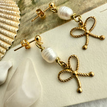 Load image into Gallery viewer, Fontange Raw Brass Bow and Pearl Drop Earrings - Gold
