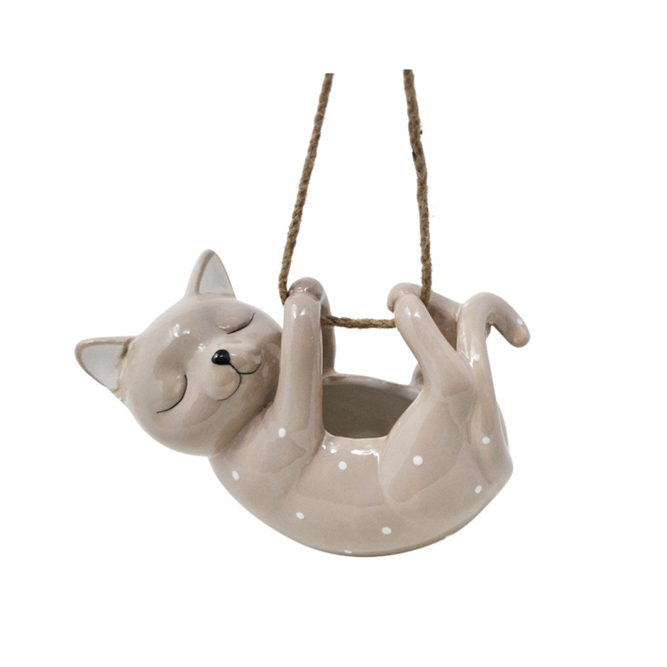 Hanging Sleeping Cat Planter - Brown
