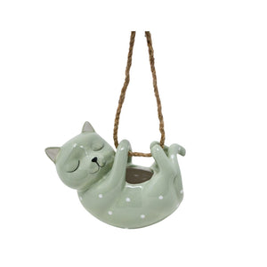 Hanging Sleeping Cat Planter, Green - Small