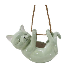 Hanging Sleeping Cat Planter, Green - Large