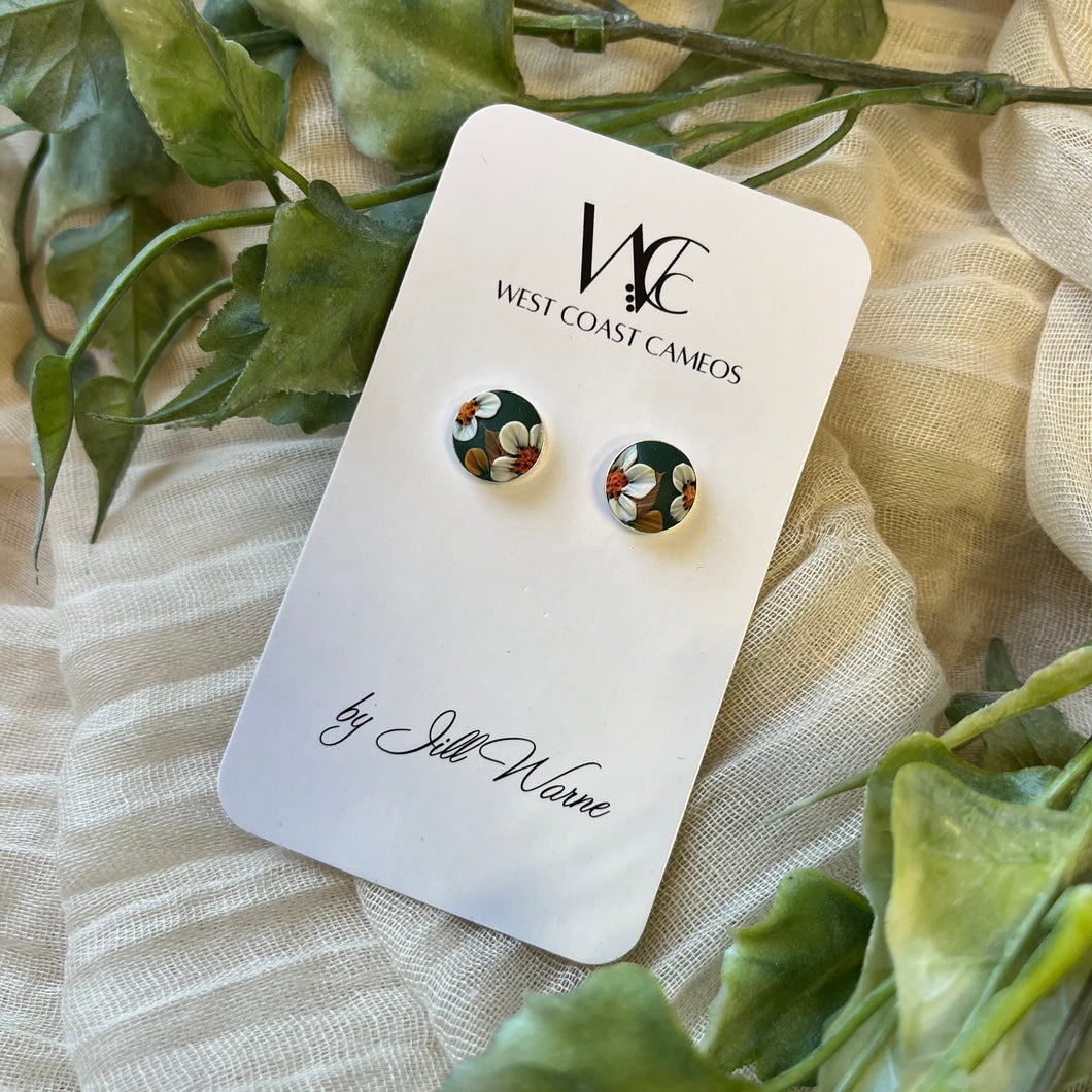 Vintage Floral Earrings, Stud - Forest Green