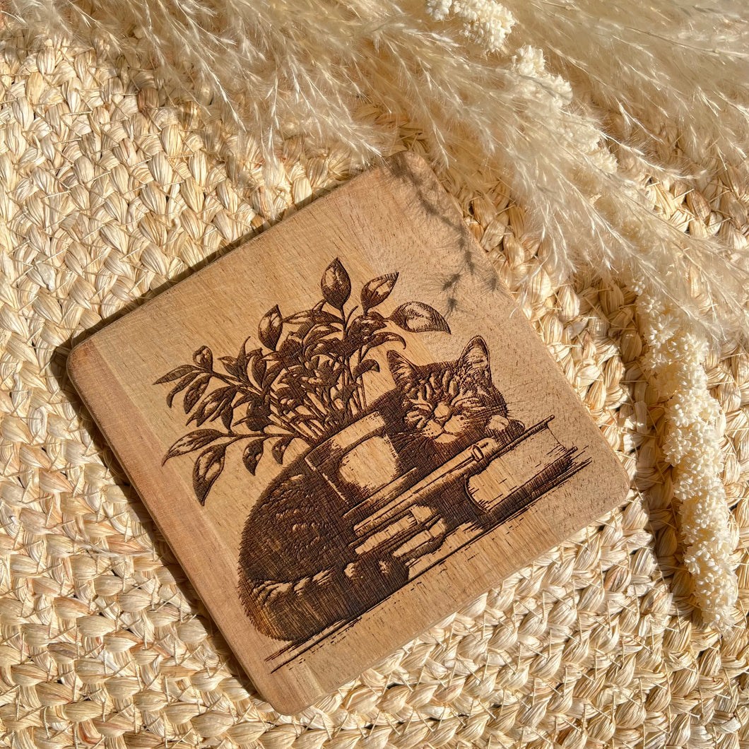 Wood Coaster - Cat With Books