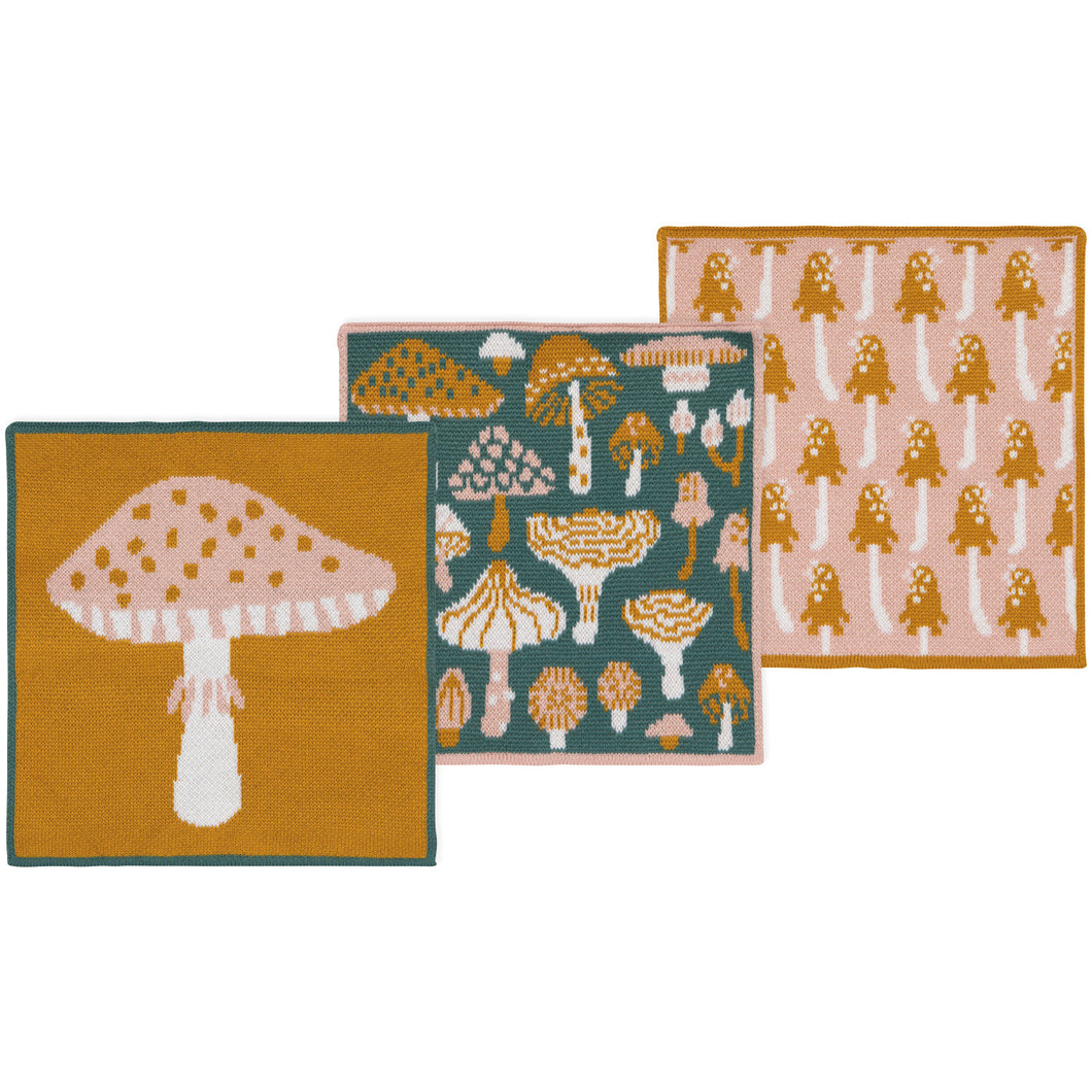 Knit Dish Cloth Set of 3 - Mushroom Gems