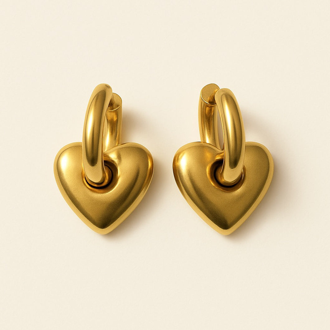 Love Bites Heart Charm Hugger Hoop Earrings - Gold
