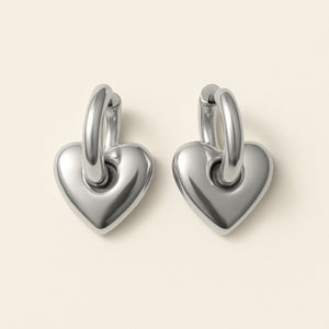 Love Bites Heart Charm Hugger Hoop Earrings - Silver