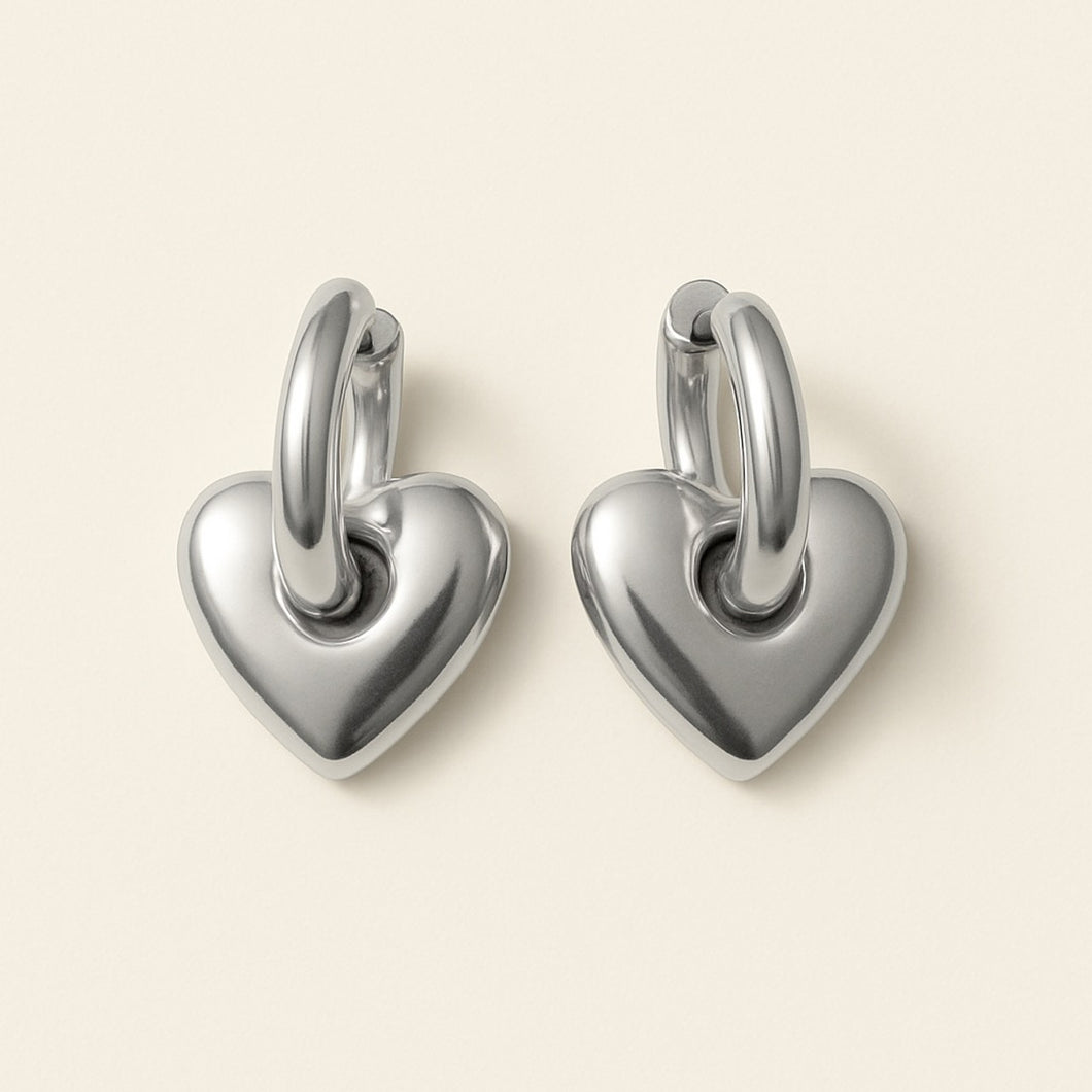 Love Bites Heart Charm Hugger Hoop Earrings - Silver