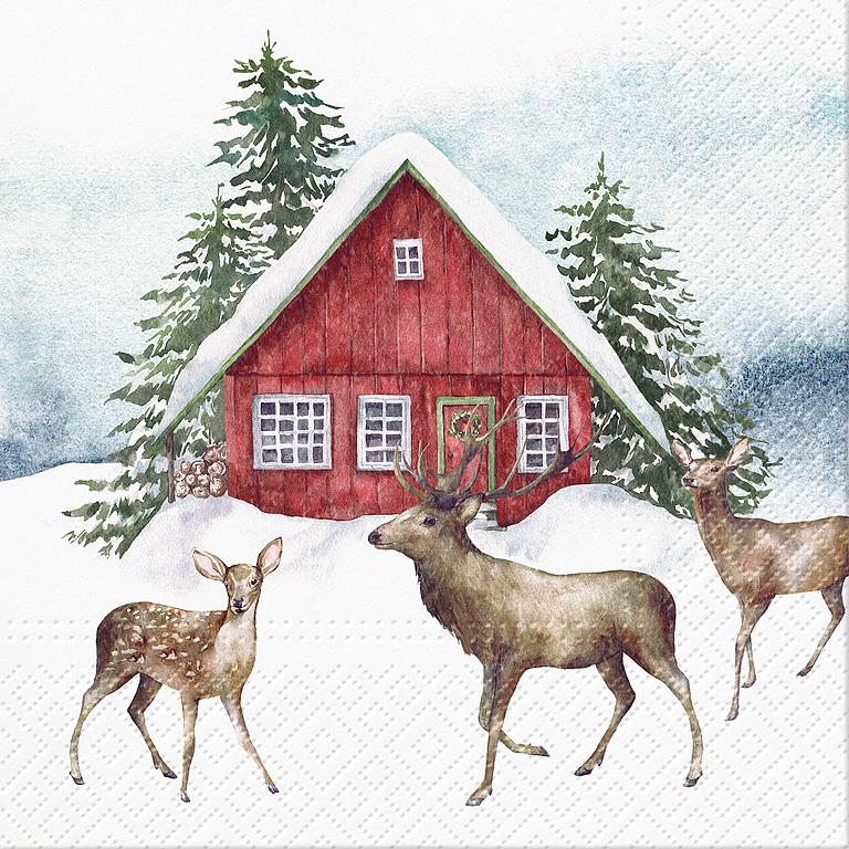 Luncheon Napkins - Red House In Snow