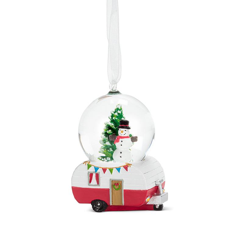 Mini Camper with Snowman Snow Globe Ornament