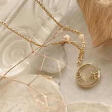 Load image into Gallery viewer, Plejaren Rhinestone Stars on Round Mother of Pearl Pendant Necklace
