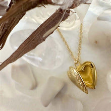 Load image into Gallery viewer, Elizabeth Vintage Heart Shaped Locket Charm Necklace in Raw Brass
