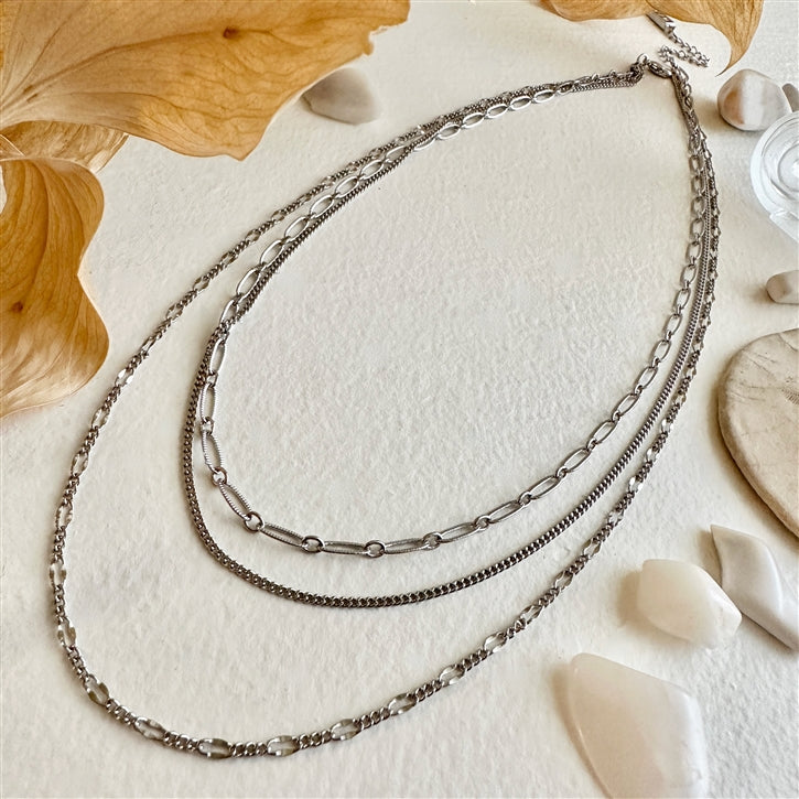 Nanaimo Triple Layer Textured Chain Necklace - Silver