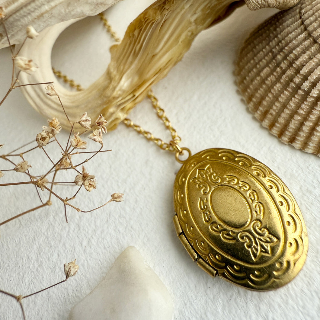 Sophia Vintage Oval Shaped Locket Charm Necklace in Raw Brass