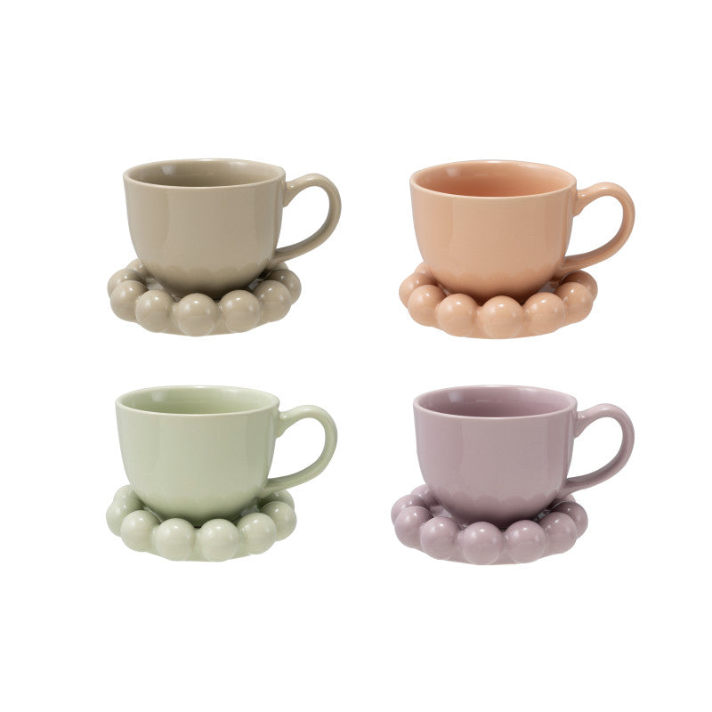 Stoneware Mug with Ball Rim Saucer , 12 oz- 4 Assorted Colours