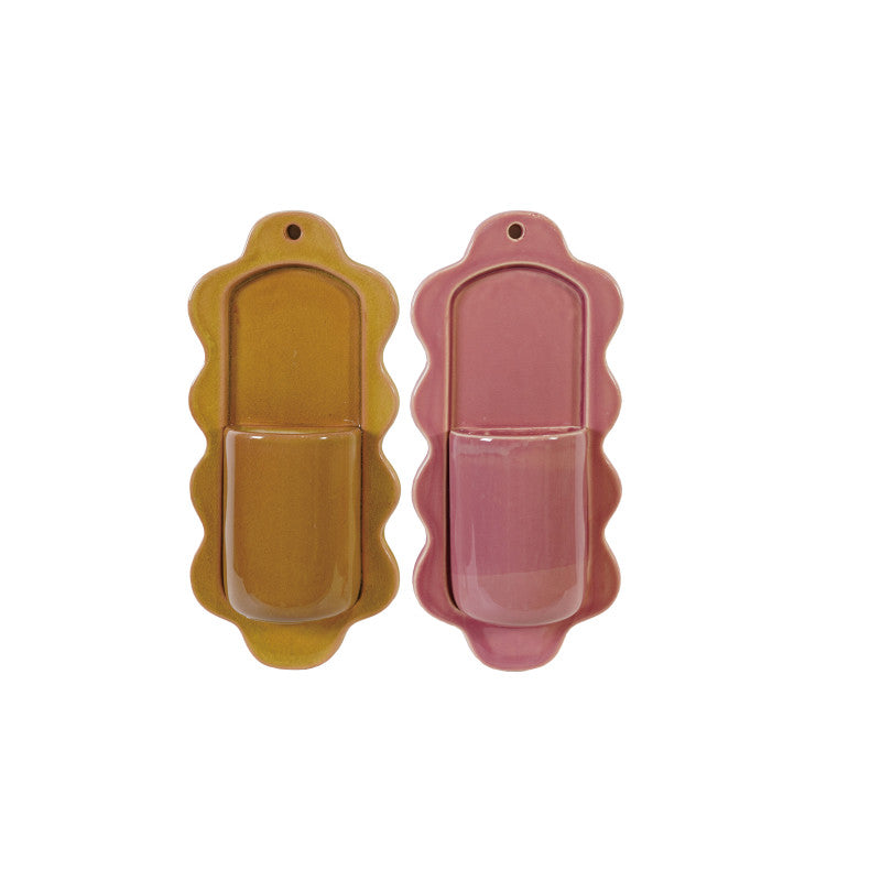 Stoneware Wall Vase - Pink & Mustard