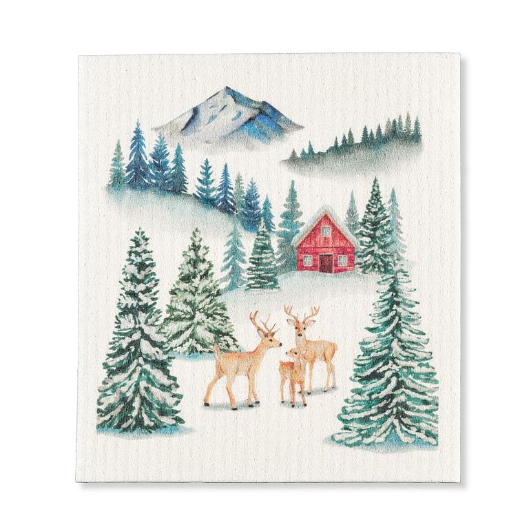 Swedish Dish Cloth - Winter Forest With Cabin