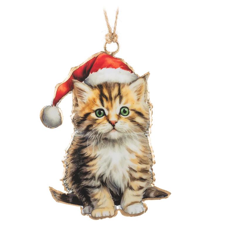 Tabby Kitten Wearing Santa Hat Ornament