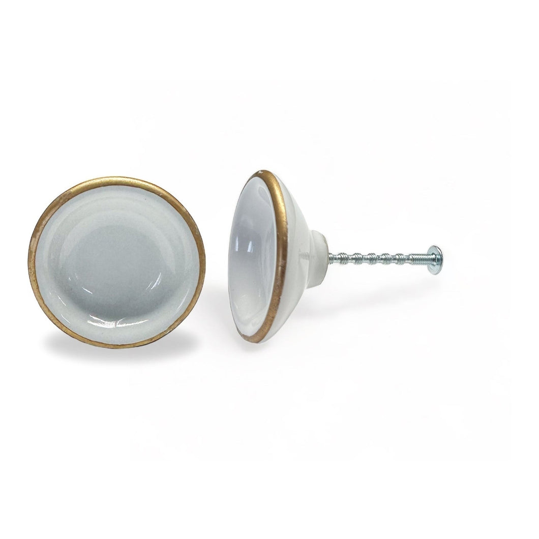 White Ceramic Knob with Gold Edge