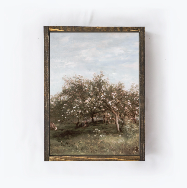 Vintage Apple Blossom Countryside Painting - Espresso