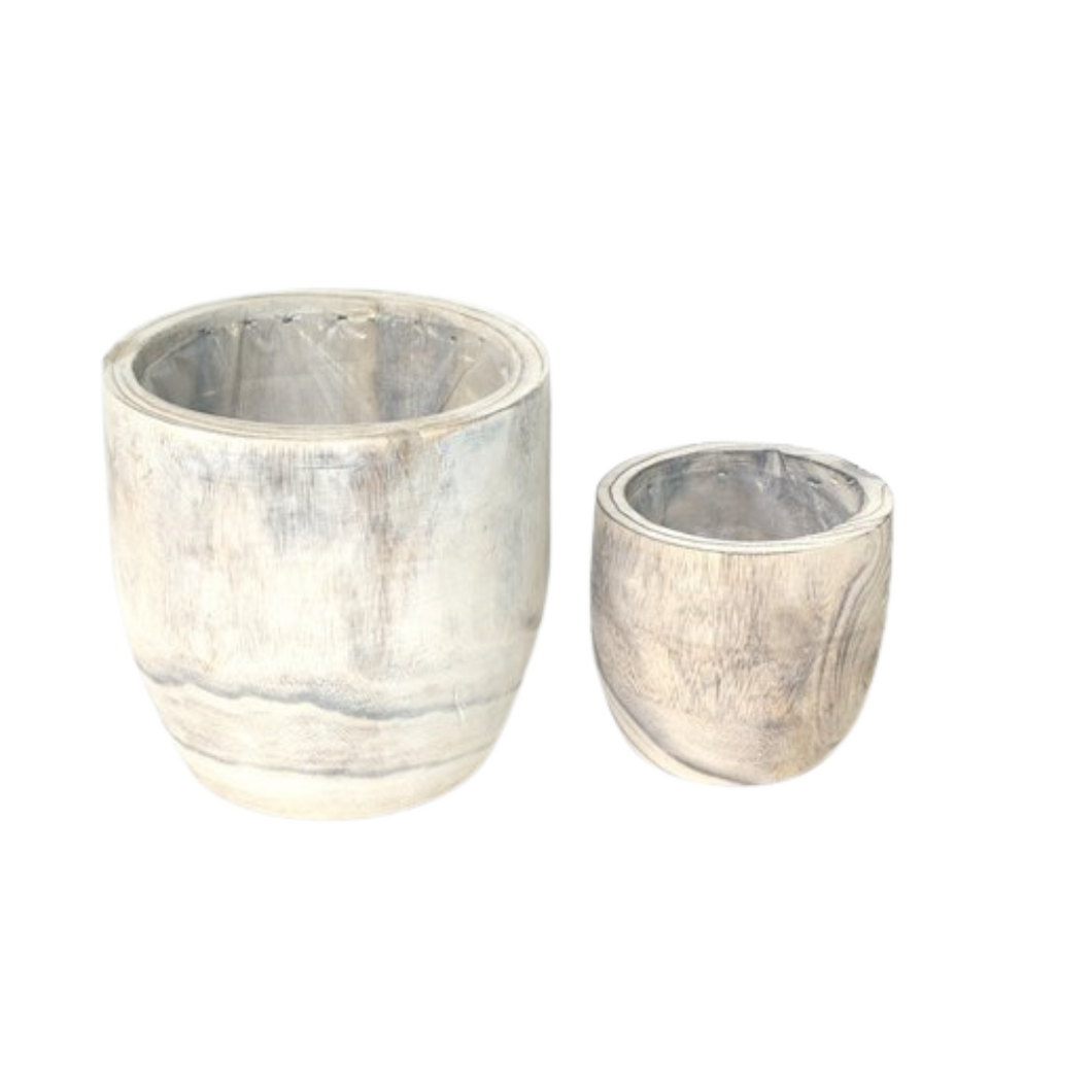 Wooden Pot With Liner - White Wash