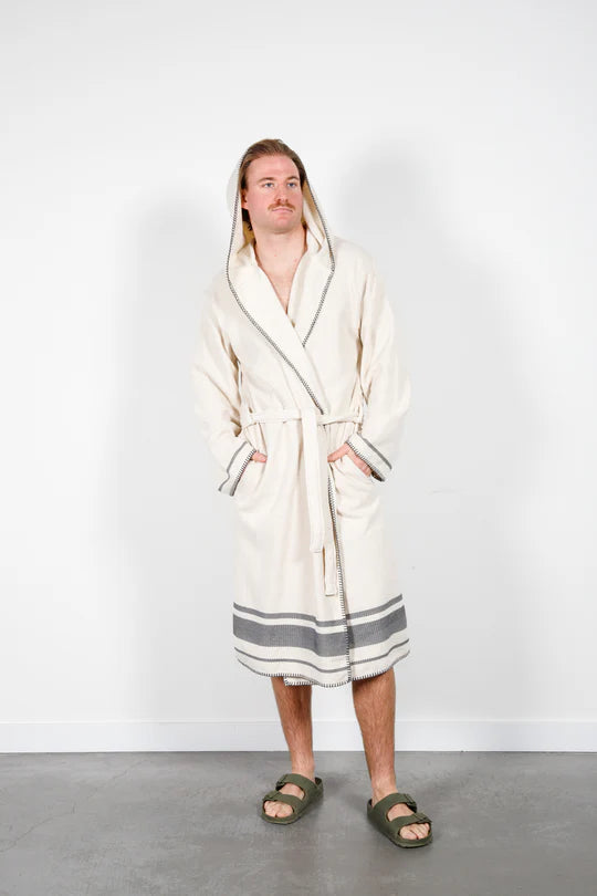 Hawthorne Hooded Terry Robe - Natural/Grey