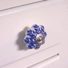 Load image into Gallery viewer, Ceramic Knob White with Blue Leaves &amp; Rosette - 1-3/4&quot;
