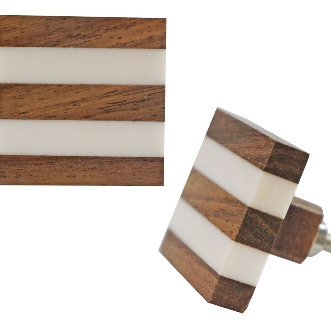 Striped Square Knob - Cream/ Wood